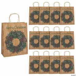 Cheapest 🧨 10" x 4 1/2" x 12 3/4" Large Holiday Wreath Kraft Paper Gift Bags - 12 Pc. 👏
