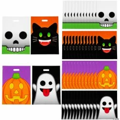 Cheap ๐ 12 1/2" x 17" Bulk Large ๐ Halloween Emoji Face Trick-Or-Treat Plastic Goody Bags - 50 Pc. โจ