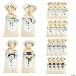 Hot Sale ๐งจ 3 3/4" x 9" Large Painted Snowman Canvas Drawstring Treat Bags - 12 Pc. ๐คฉ