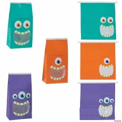 New 🥰 4 1/2" x 9" 🦇 Halloween Tin Tie Treat Bags with Monster Mouth Window - 24 Pc. ⌛