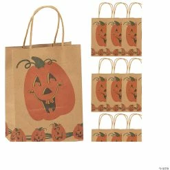 Deals 🎁 6 1/2" x 3 1/4" x 9" Medium Brown Jack-O’-Lantern Paper Gift Bags - 12 Pc. 😍