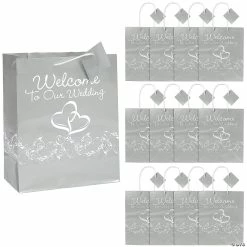 Coupon π 7-1/2" x 9" Medium Silver Two Hearts Welcome To Our Wedding Paper Gift Bags - 12 Pc. π―
