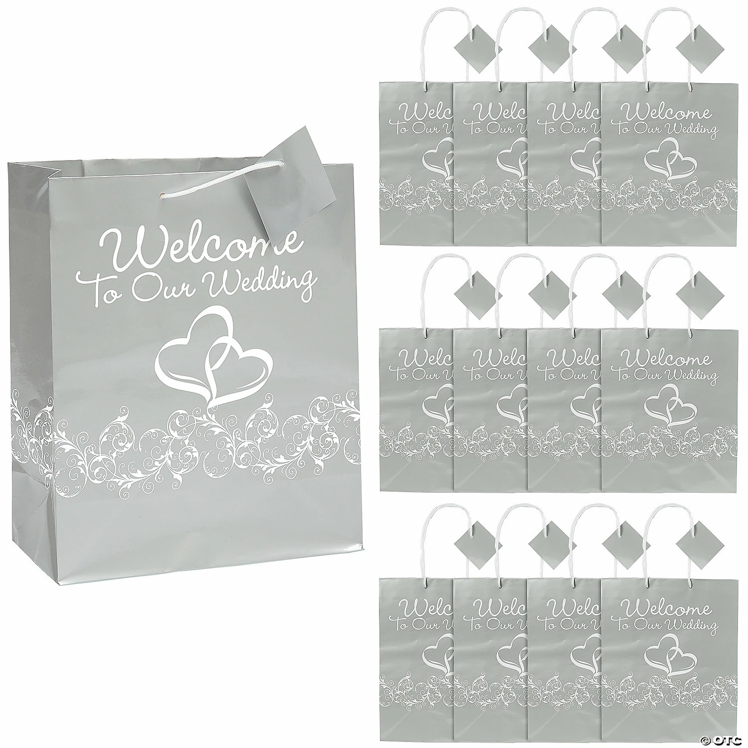 Coupon π 7-1/2" x 9" Medium Silver Two Hearts Welcome To Our Wedding Paper Gift Bags - 12 Pc. π― 1 Coupon π 7-1/2" x 9" Medium Silver Two Hearts Welcome To Our Wedding Paper Gift Bags - 12 Pc. π―