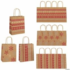 Budget 🔥 7 1/4" x 9" Medium Red & White Nordic Print Kraft Paper Gift Bags - 12 Pc. 🧨