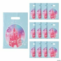 Outlet 🔥 8 1/2" x 12" Pink Princess Castle Plastic Treat Bags - 12 Pc. 🔥