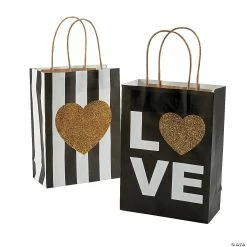New π Medium Black & Gold Glitter Wedding Love Kraft Paper Gift Bags - 12 Pc. π