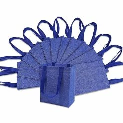 Coupon 😉 OccasionALL- Blue Glitter Fabric Gift Bags with Handles, for 🎂 Birthday Parties 12 Pack 6x3x8 👏