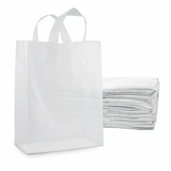 Best Sale โญ Plastic Bags with Handles - 10x5x13 Inch 100 Pack Medium Frosted White Gift Bags with Cardboard Bottom, Merchandise, Small Business, Boutiques, Take Out ๐