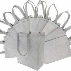 Outlet π Silver Gift Bags - 12 Pack Large Silver Reusable Gift Bag Tote with Handles, Glitter Metallic Bling Shimmer, Party Favors, Grocery Shopping - 10x5x13 β